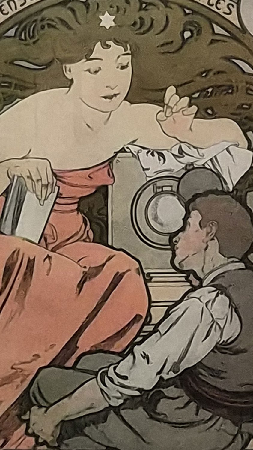 대중 미술 협회(영상 상영을 통해 대중에게 미술을 가르치는 활동을 한 협회)에서 슬라이드 투영기를 활용한 대중 예술 강연을 홍보하기 위해 제작되었다고 한다. 그림 속에는 여성이 책을 들고 있고, 그 앞에는 투영기와 함께 강의를 듣고 있는 남성의 모습이 묘사되어 있다. It is said to have been created to promote popular art lectures using slide projectors by the Société Populaire des Beaux-Arts (L'Art enseigné au peuple par les projections), an association that taught art to the public through video projections. 
The painting depicts a woman holding a book, with a man listening to the lecture while holding a projector in front of her.