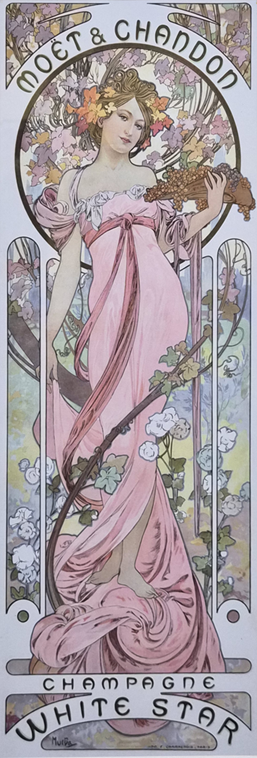 모엣 샹동(Moët & Chandon)의 샴페인 광고를 위해 제작한 포스터 1899 화이트 스타(White Star), 그랑 크레망 임페리얼(Grand Crémant Impérial) 두 작품은 쌍으로 이루어진 포스터 작품이다. 화이트 스타, 그랑 크레망 임페리얼
왼쪽은 분홍색 드레스를 입은 여성이 꽃을 들고 있는 모습의 화이트 스타이다.오른쪽은 화려한 장신구와 노란색 계열의 드레스를 입은 신비로운 분위기의 여성은 그랑크레망 임페이얼이다.특히 이 작품은 표정이 매우 거만하여 인상 깊다.The two works are a pair of posters: White Star, Grand Crémant Impérial On the left is White Star, a woman in a pink dress holding flowers.On the right is Grand Crémant Imperial, a mysterious woman in a yellow dress and ornate jewelry.This work is  articularly striking for its haughty expression.
