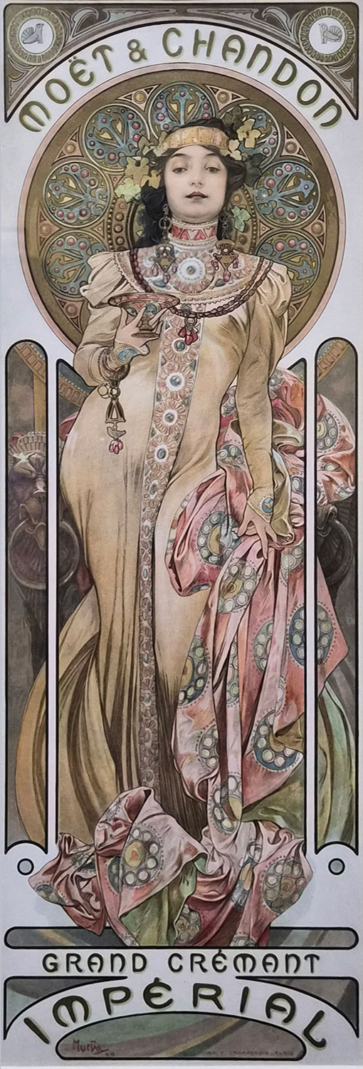 모엣 샹동(Moët & Chandon)의 샴페인 광고를 위해 제작한 포스터 1899 화이트 스타(White Star), 그랑 크레망 임페리얼(Grand Crémant Impérial) 두 작품은 쌍으로 이루어진 포스터 작품이다. 화이트 스타, 그랑 크레망 임페리얼
왼쪽은 분홍색 드레스를 입은 여성이 꽃을 들고 있는 모습의 화이트 스타이다.오른쪽은 화려한 장신구와 노란색 계열의 드레스를 입은 신비로운 분위기의 여성은 그랑크레망 임페이얼이다.특히 이 작품은 표정이 매우 거만하여 인상 깊다.The two works are a pair of posters: White Star, Grand Crémant Impérial On the left is White Star, a woman in a pink dress holding flowers.On the right is Grand Crémant Imperial, a mysterious woman in a yellow dress and ornate jewelry.This work is  articularly striking for its haughty expression.