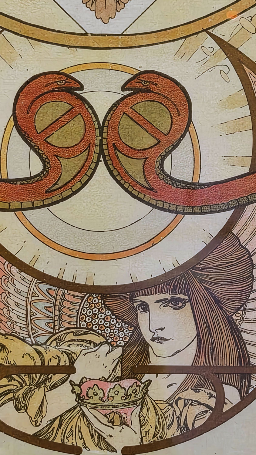 그리하여 주의 통치가 임하옵소서(que votre regne arrive/Thy Kingdom Come) 주기도문(Le Pater)삽화짐 두 번째 판화(Plate LP.02) 1899《주기도문(Le Pater)》는 무하가 주기도문의 각 구절을 시각적으로 해석하여 예술적 철학과 신비주의적 신념을 담아낸 가장 중요한 작품집 중 하나로 꼽힌다. 대칭을 이루는 뱀 모양의 원형 속에 8각 별이 들어 있는 문양과 아래쪽엔 왕관을 들고 입을 삐죽 내밀며 불만스럽게 노려보는 여성이 있는 작품인데 제목이 