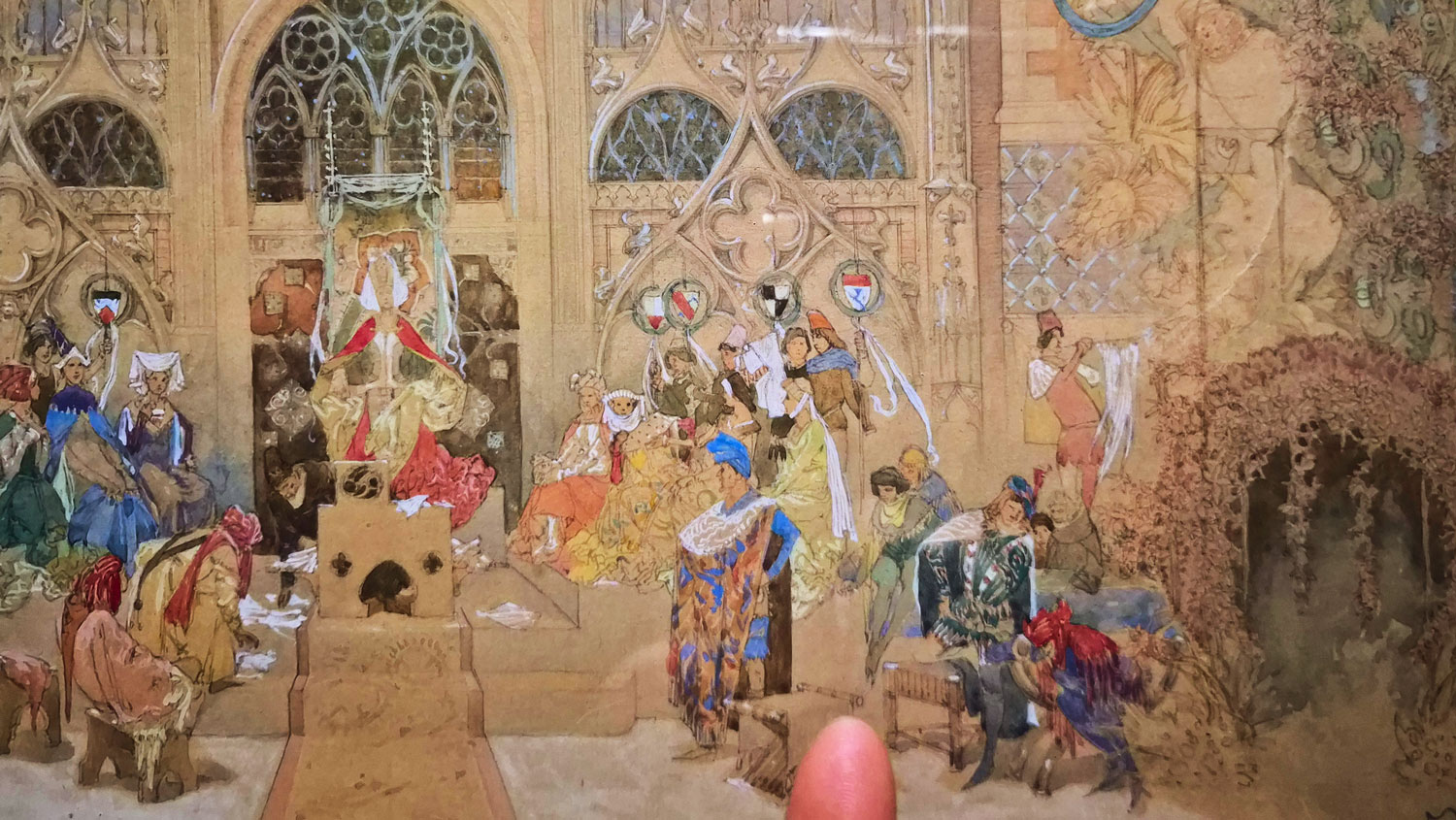 십이야(Twelfth Night)의 무대 디자인 1908. 셰익스피어의 희극 '십이야(Twelfth Night)'를 주제로 한 무대 디자인이다.  그림의 크기가 작은데 표현이 안된 곳이 없을 정도로 세밀한 표현과 화려한 장식들과 등장 인물들과 세트 디자인까지 완벽한 표현력이 감동이다. This is a stage design based on Shakespeare's comedy 'Twelfth Night'. Despite the small size of the painting, the detailed expressions, splendid decorations, characters, and set design are all so perfect that no part is left unexpressed. This is truly impressive.