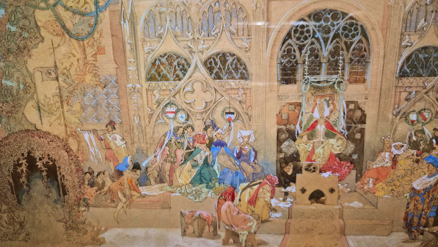 십이야(Twelfth Night)의 무대 디자인 1908. 셰익스피어의 희극 '십이야(Twelfth Night)'를 주제로 한 무대 디자인이다.  그림의 크기가 작은데 표현이 안된 곳이 없을 정도로 세밀한 표현과 화려한 장식들과 등장 인물들과 세트 디자인까지 완벽한 표현력이 감동이다. This is a stage design based on Shakespeare's comedy 'Twelfth Night'. Despite the small size of the painting, the detailed expressions, splendid decorations, characters, and set design are all so perfect that no part is left unexpressed. This is truly impressive.