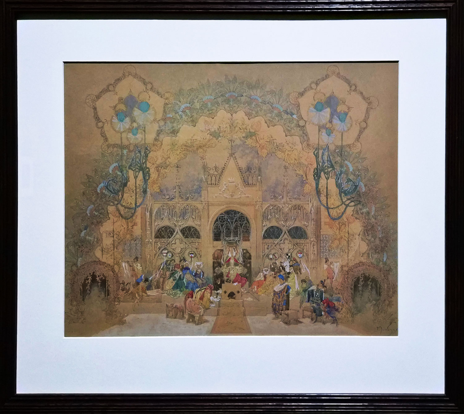 십이야(Twelfth Night)의 무대 디자인 1908. 셰익스피어의 희극 '십이야(Twelfth Night)'를 주제로 한 무대 디자인이다.  그림의 크기가 작은데 표현이 안된 곳이 없을 정도로 세밀한 표현과 화려한 장식들과 등장 인물들과 세트 디자인까지 완벽한 표현력이 감동이다. This is a stage design based on Shakespeare's comedy 'Twelfth Night'. Despite the small size of the painting, the detailed expressions, splendid decorations, characters, and set design are all so perfect that no part is left unexpressed. This is truly impressive.