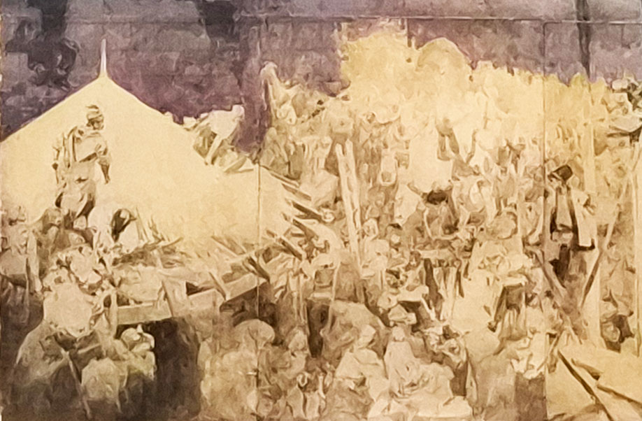 '슬라브 서사시(The Slav Epic)' 시리즈 중 '시겟바르의 방어(The Defense of Sziget)'에 대한 스터디(습작) 1914. 이 작품은 1566년 오스만 제국 군대에 맞서 시겟바르 요새를 지킨 니콜라 슈비치 즈린스키(Nikola Šubić Zrinski)와 그의 군대의 이야기를 다루고 있다. 무하는 이 대규모 역사화 연작을 통해 슬라브 민족의 역사와 정체성을 표현하고자 했습니다. 실제 완성작은 체코 프라하에서 볼 수 있는 거대한 규모의 캔버스화이다. This work tells the story of Nikola Šubić Zrinski and his troops who defended the fortress of Szigetvár against the Ottoman Empire in 1566. Through this large-scale series of historical paintings, Mucha sought to express the history and identity of the Slavic people. The completed work is a massive canvas that can be seen in Prague, Czech Republic.