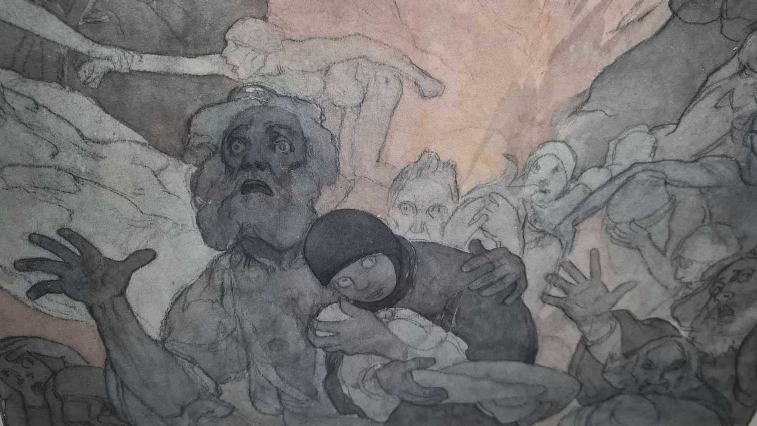 '지혜의 시대'(The Age of Wisdom)습작 1936~1938. 1918년 세계 1차대전이 끝나고 조국 체코가 건국되며 무하가 꿈꾸던 슬라브 민족의 통합이 이루어졌다. 그의 관심사는 이제 인류애. 그의 말년, 또 다른 전쟁이 발발할 시기에 이성, 지혜, 사랑의 시대를 위한 새로운 3부작을 제작하기 시작했다. 평화주의자로서의 습작들이 전시 되었다. 지혜의 시대 중 한 작품이라고 하는데 공포에 질린 저 사람들의 표정이 인상적이다. 전쟁이  발발하는구나...In 1918, with the end of World War I and the establishment of his homeland, the Czech Republic, Mucha's dream of unification of the Slavic peoples was realized. His interest now shifted to humanity. In his later years, as another war was about to break out, he began working on a new trilogy dedicated to the Age of Reason, Wisdom, and Love. His pacifist studies were exhibited. This work is said to be from the Age of Wisdom, and the terrified expressions on the faces of the people are striking. War is about to break out…