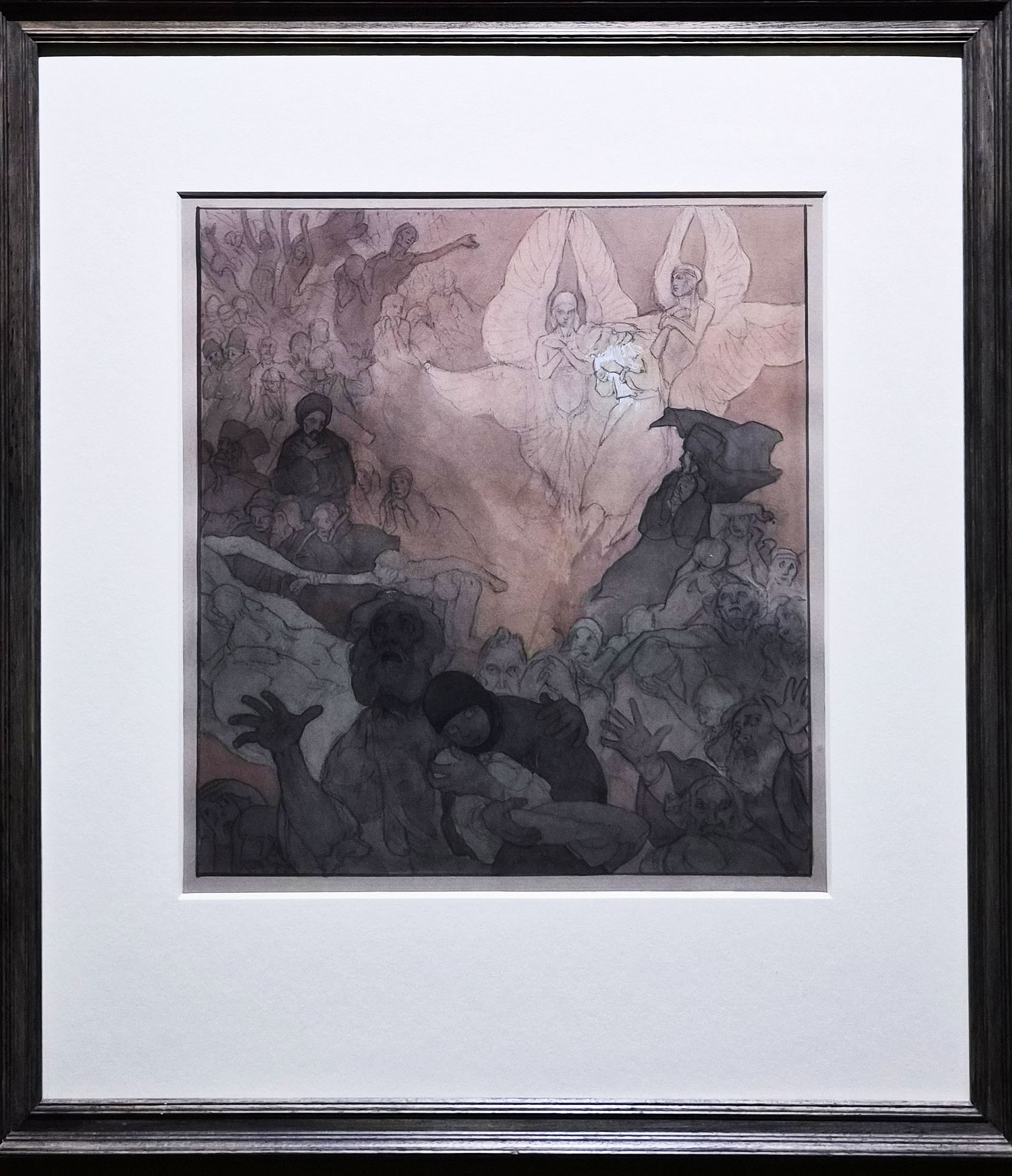 '지혜의 시대'(The Age of Wisdom)습작 1936~1938. 1918년 세계 1차대전이 끝나고 조국 체코가 건국되며 무하가 꿈꾸던 슬라브 민족의 통합이 이루어졌다. 그의 관심사는 이제 인류애. 그의 말년, 또 다른 전쟁이 발발할 시기에 이성, 지혜, 사랑의 시대를 위한 새로운 3부작을 제작하기 시작했다. 평화주의자로서의 습작들이 전시 되었다. 지혜의 시대 중 한 작품이라고 하는데 공포에 질린 저 사람들의 표정이 인상적이다. 전쟁이  발발하는구나...In 1918, with the end of World War I and the establishment of his homeland, the Czech Republic, Mucha's dream of unification of the Slavic peoples was realized. His interest now shifted to humanity. In his later years, as another war was about to break out, he began working on a new trilogy dedicated to the Age of Reason, Wisdom, and Love. His pacifist studies were exhibited. This work is said to be from the Age of Wisdom, and the terrified expressions on the faces of the people are striking. War is about to break out…